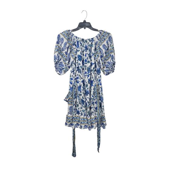 Nicole Miller Artelier Blue Floral Peasant Mini Dress Ruffle Puff Sleeves Small - Picture 2 of 6
